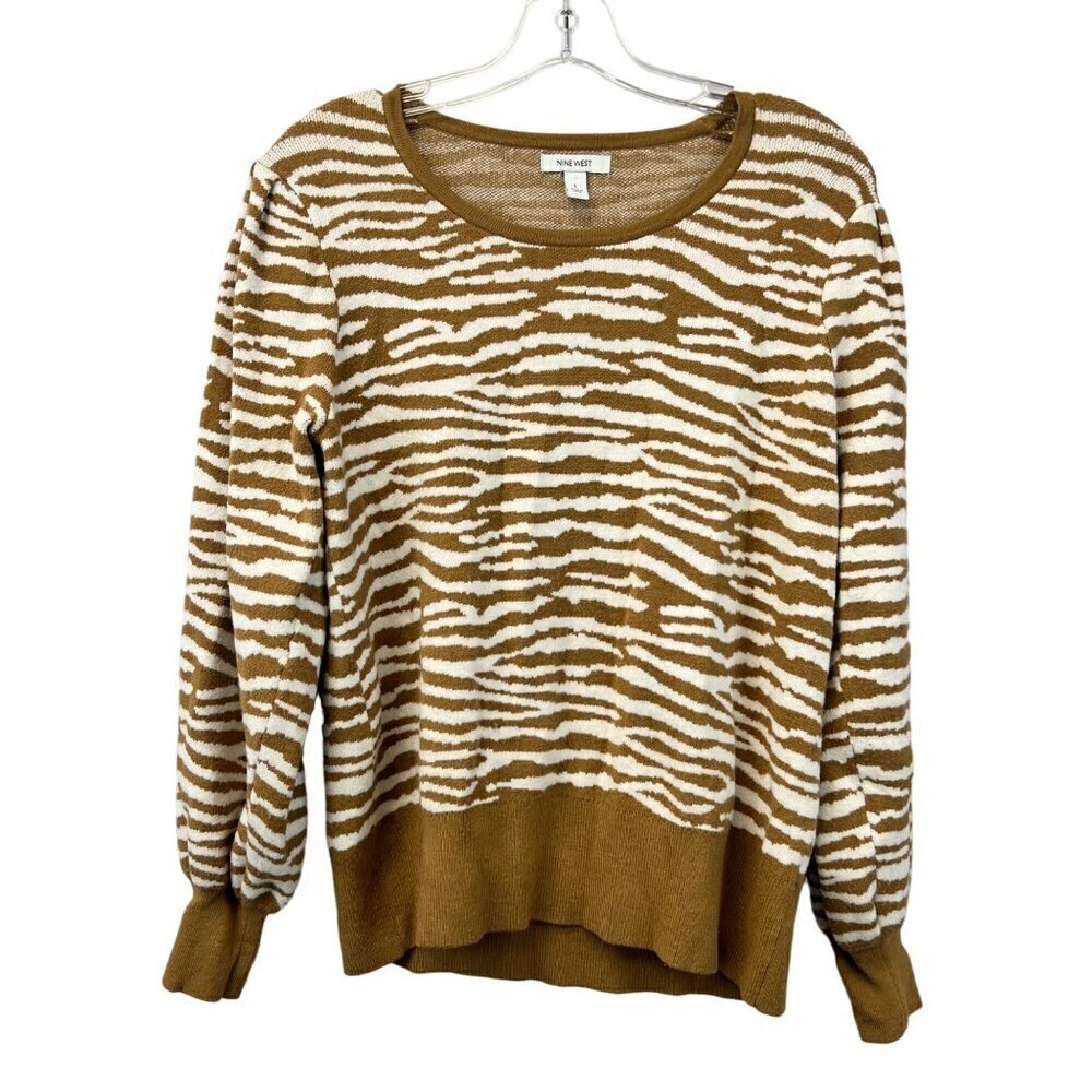 Nine West Women’s Round Neck Long Sleeve Sweater Light Brown/White Zebra Print L